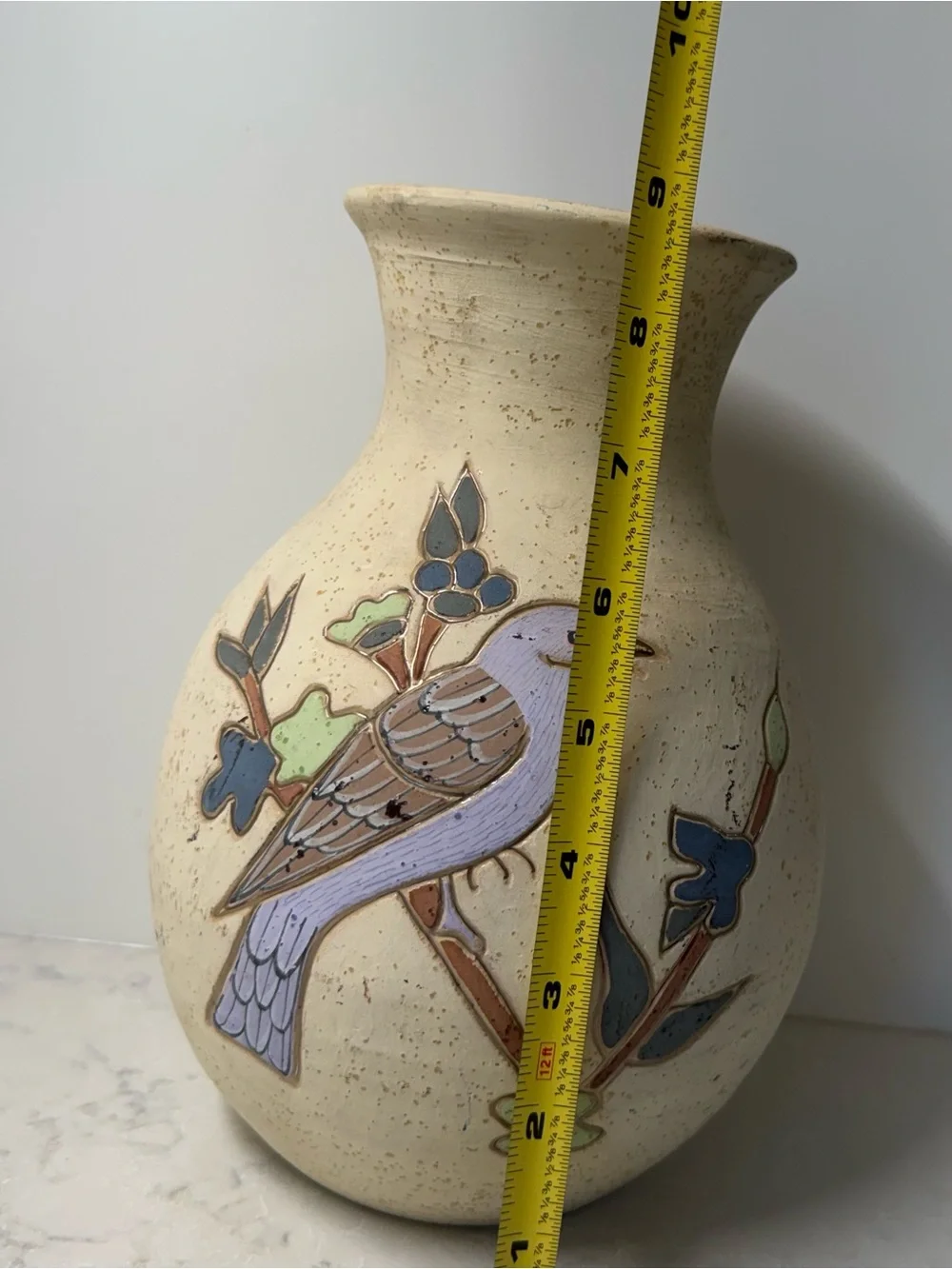 Vintage Gardiel Tonalá Mexican Folk Art Pottery Vase Signed  Purple Bird Design